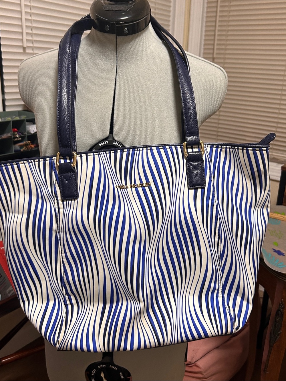 Vera Bradley Blue & White Wavy Stripe Tote with Navy Handles